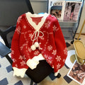Women's Christmas Knit Sweater with Pom-Pom Neck Ties - Red