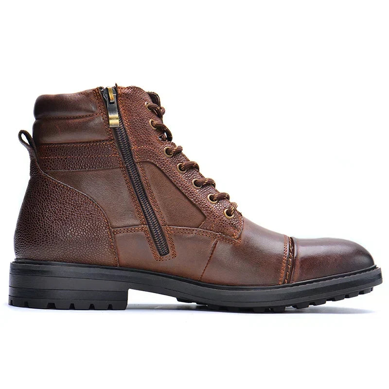 Men's Genuine Leather Lace-Up Boots with Side Zipper – Brown