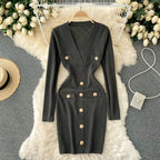 Women's Knitted Button-Front Midi Dress – V-Neck Long