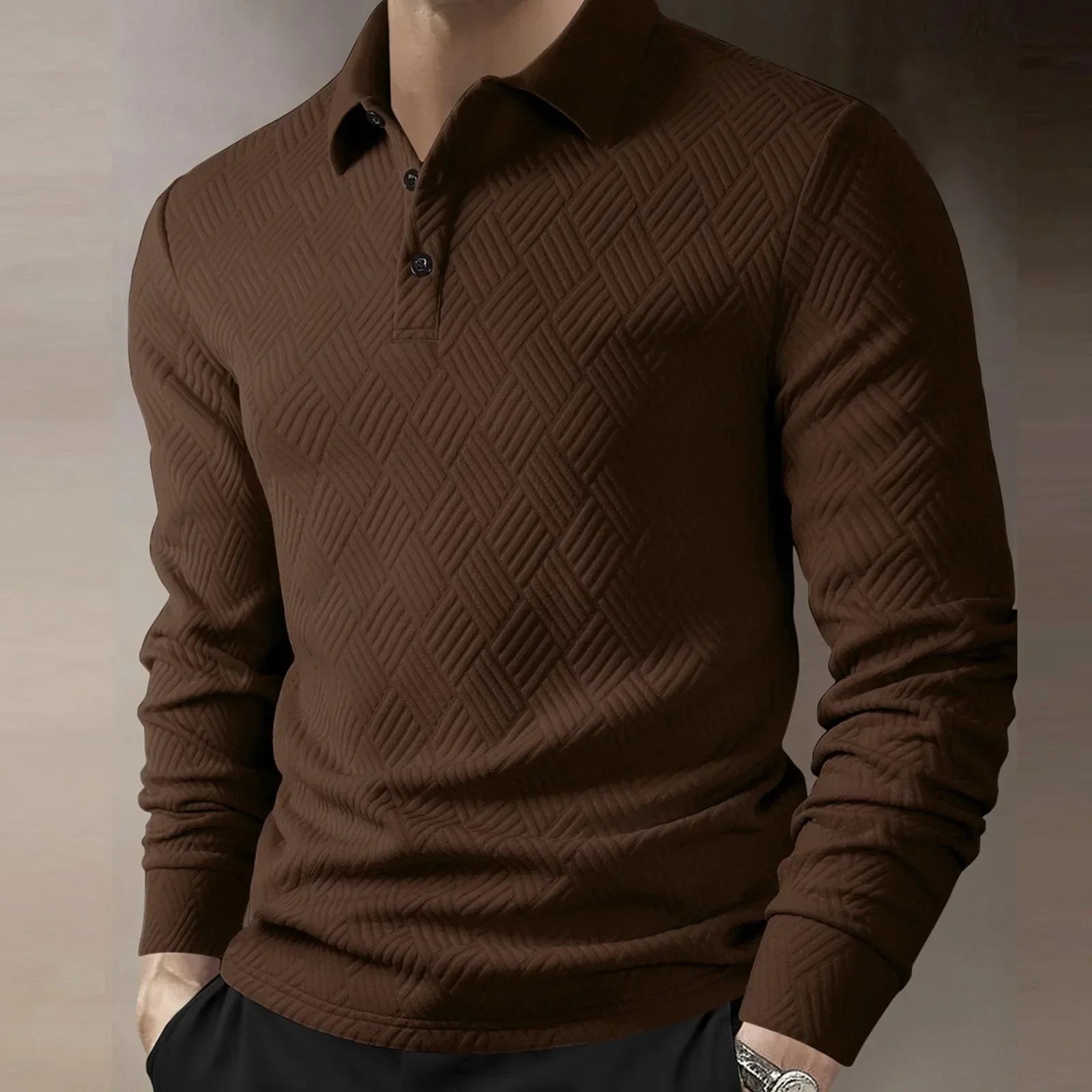 Men's Long Sleeve Polo Shirt Textured Knit Smart Casual