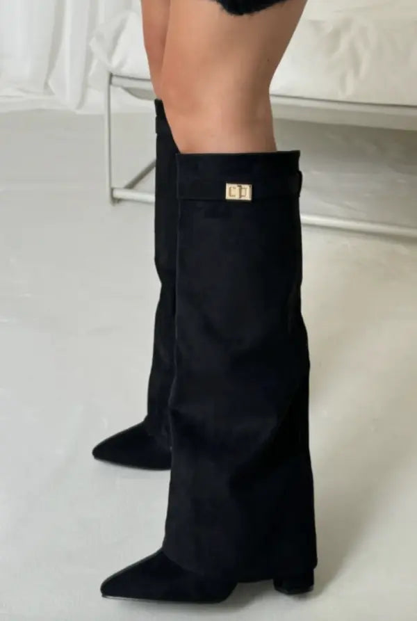 Women's Sleek Tall Leather Boots with Elegant Heel – Black