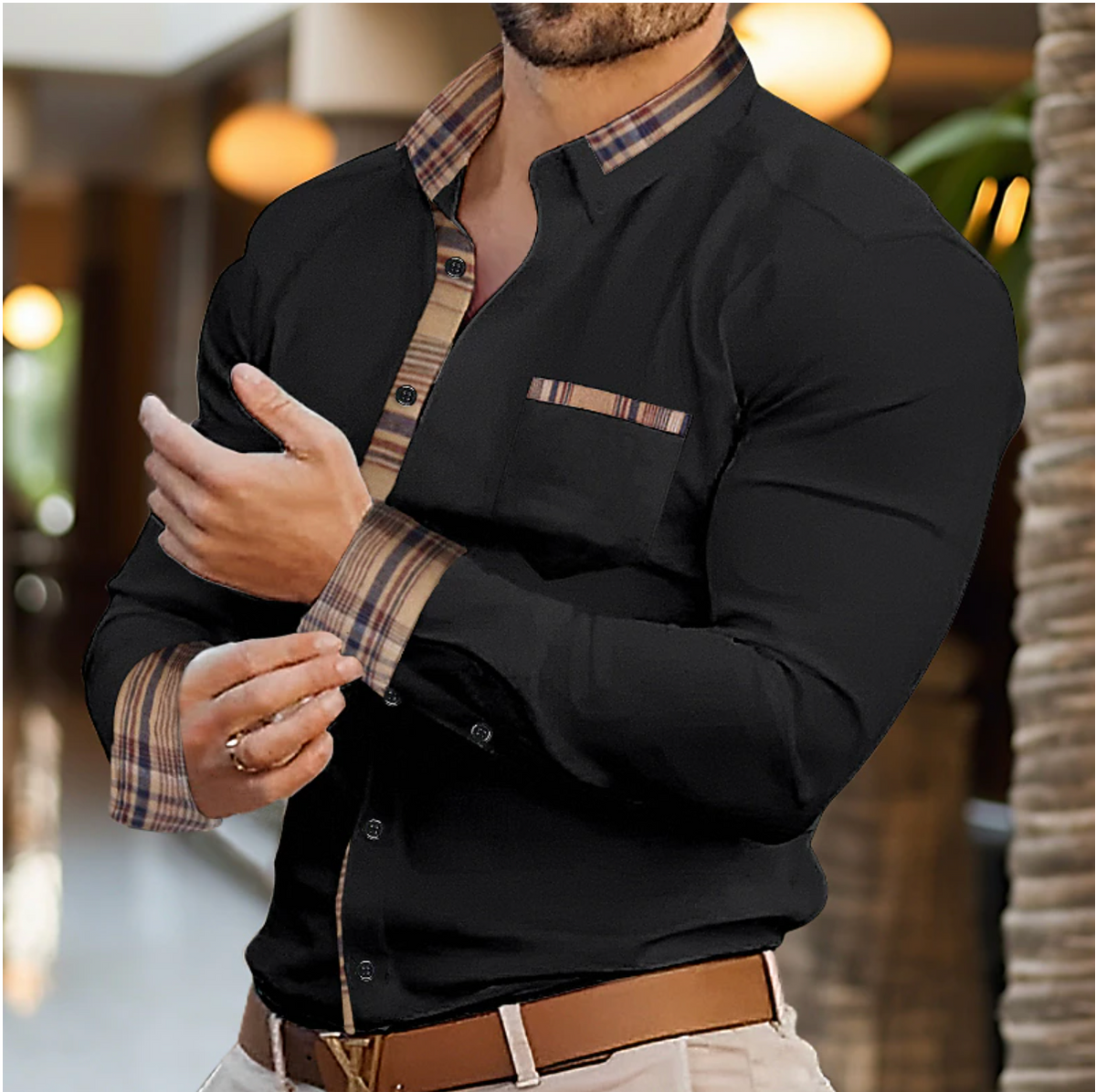 Men's Slim Fit Long Sleeve Contrast Trim Casual Shirt