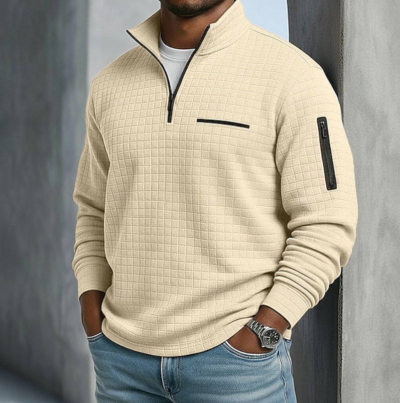 Men's Breathable Textured Waffle Sweater - Beige