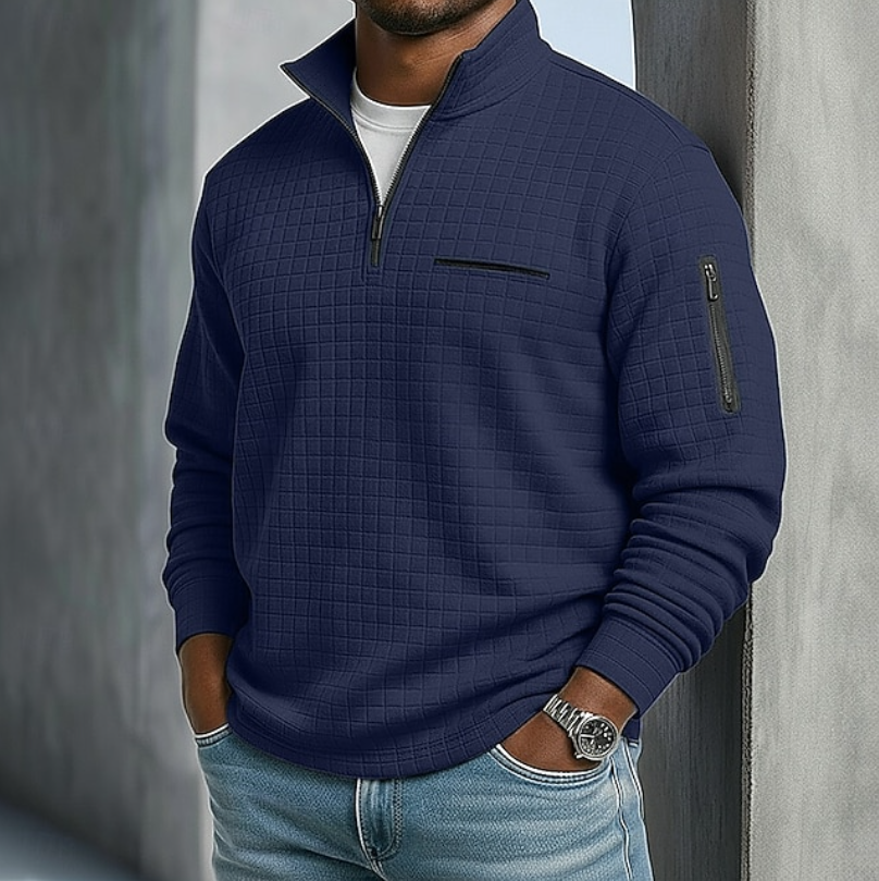 Men's Breathable Textured Waffle Sweater - Navy Blue