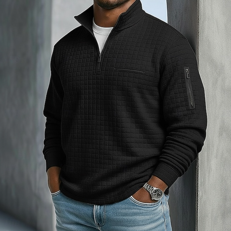 Men's Breathable Textured Waffle Sweater - Black