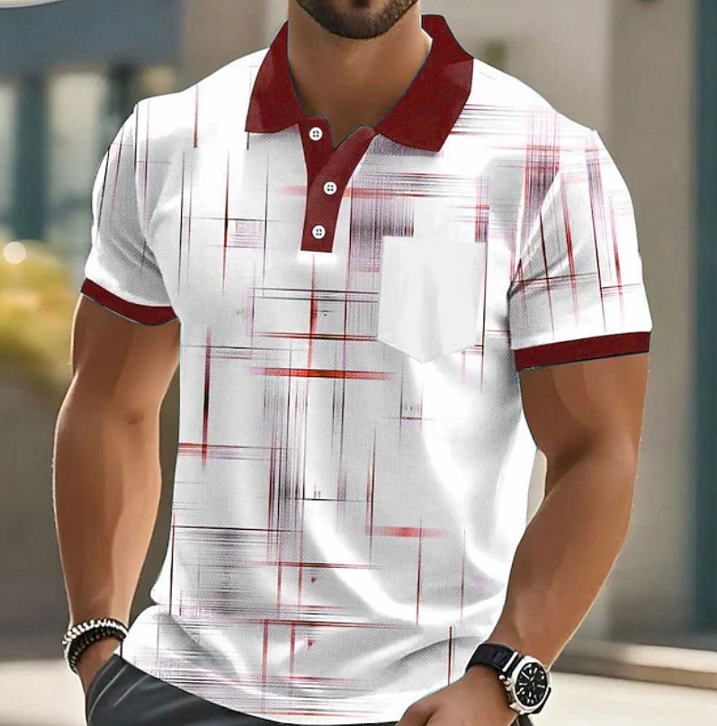 Men's Geometric Pattern Long Sleeve Button Shirt - Red