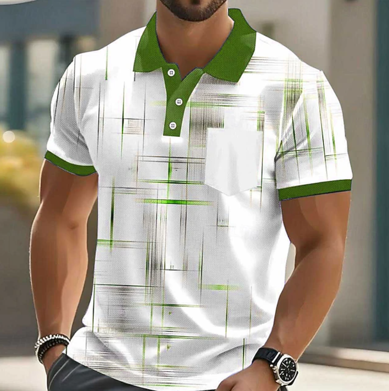 Men's Geometric Pattern Long Sleeve Button Shirt - Green