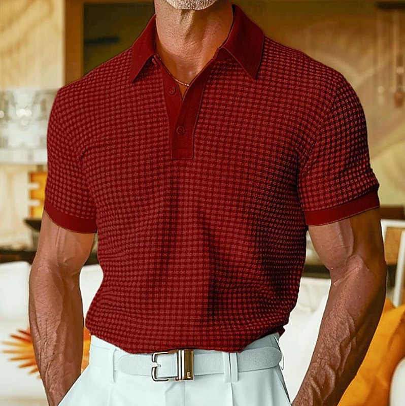 Men's Waffle Weave Relaxed Button Collar Shirt - Red