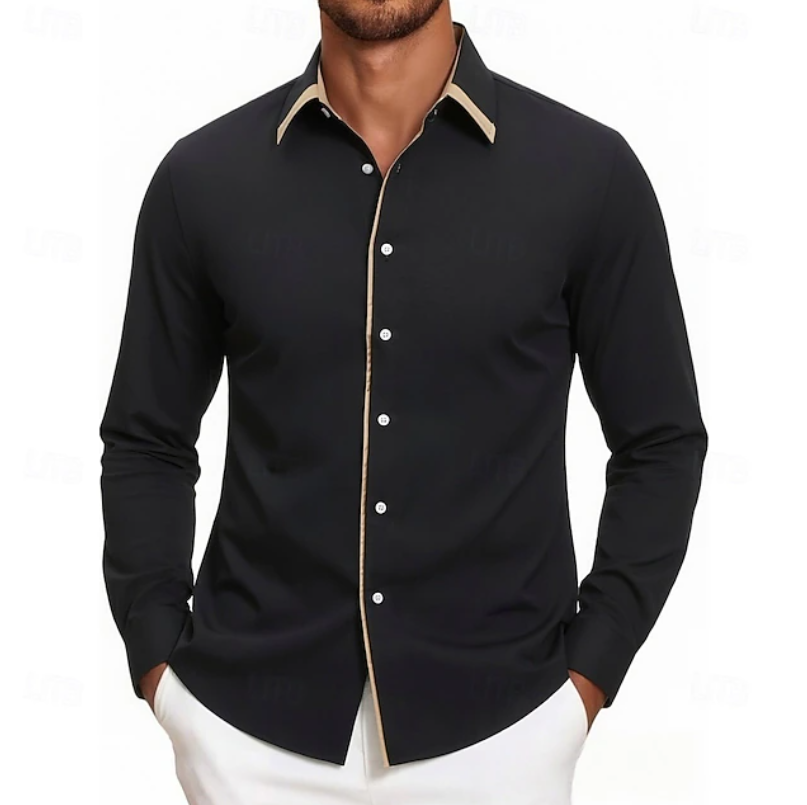 Men's Modern-Fit Long Sleeve Shirt with Contrast Detail - Black
