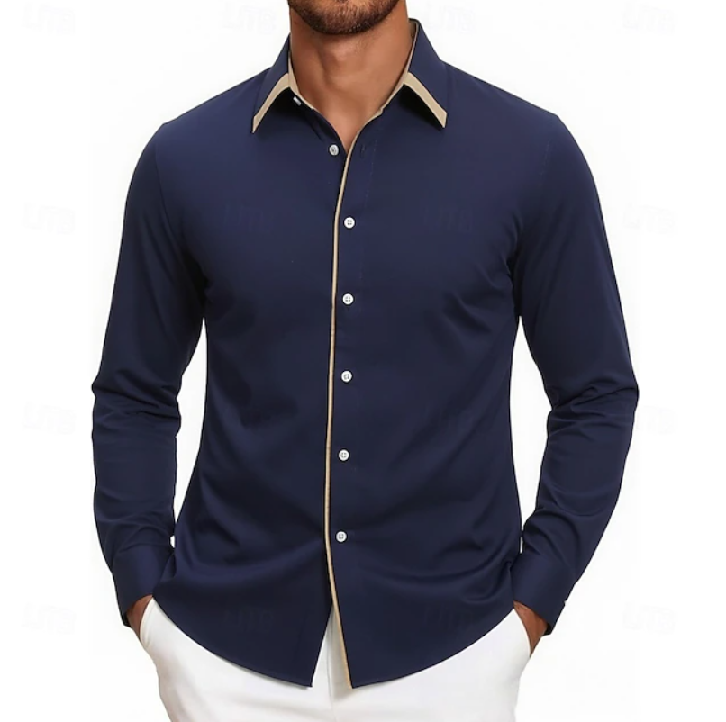 Men's Modern-Fit Long Sleeve Shirt with Contrast Detail - Navy Blue