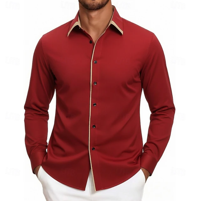 Men's Modern-Fit Long Sleeve Shirt with Contrast Detail - Red