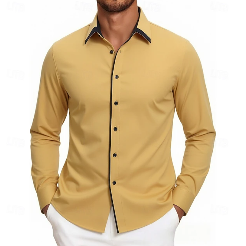 Men's Modern-Fit Long Sleeve Shirt with Contrast Detail - Yellow