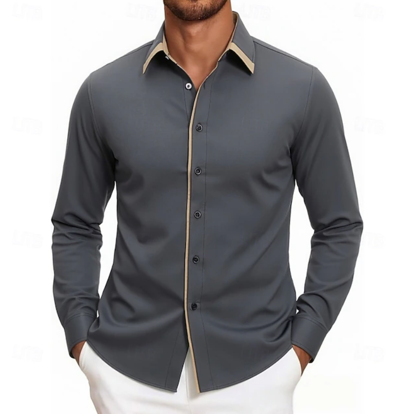 Men's Modern-Fit Long Sleeve Shirt with Contrast Detail - Gray