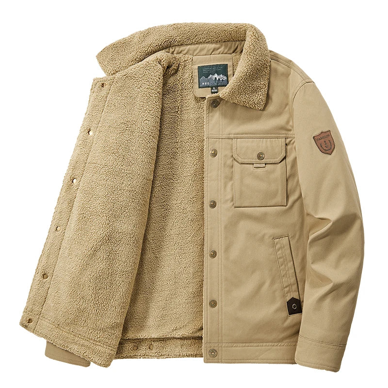 Men's Plush-Collar Sherpa Utility Jacket With Flap Pocket - Khaki