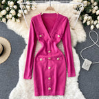 Women's Knitted Button-Front Midi Dress – V-Neck Long