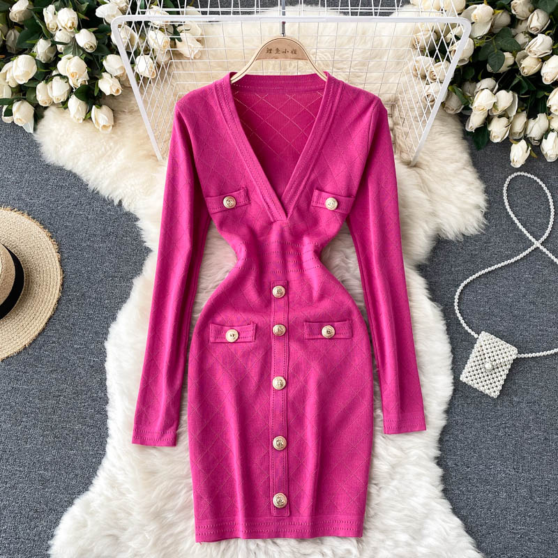 Women's Knitted Button-Front Midi Dress – V-Neck Long