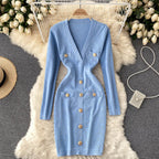 Women's Knitted Button-Front Midi Dress – V-Neck Long