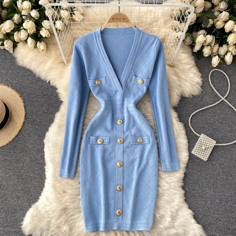 Women's Knitted Button-Front Midi Dress – V-Neck Long