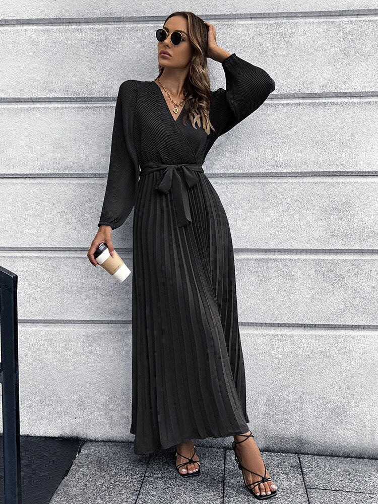 Women's Maxi Dress Pleated Wrap Waist Tie Long