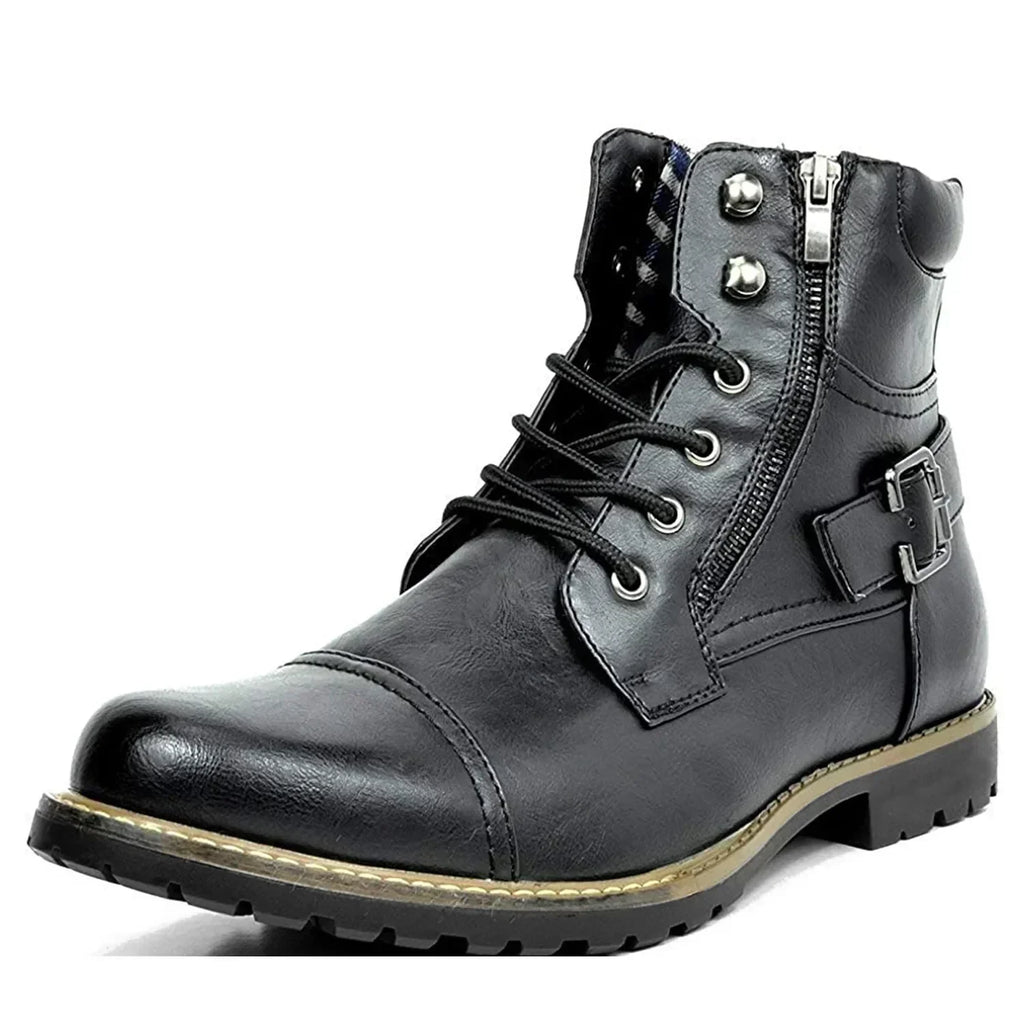 Men's Rugged Leather Boots with Buckle and Laces |