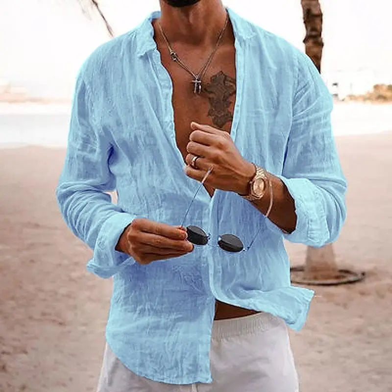 Men's Long Sleeve Linen Summer Casual Beach Shirt