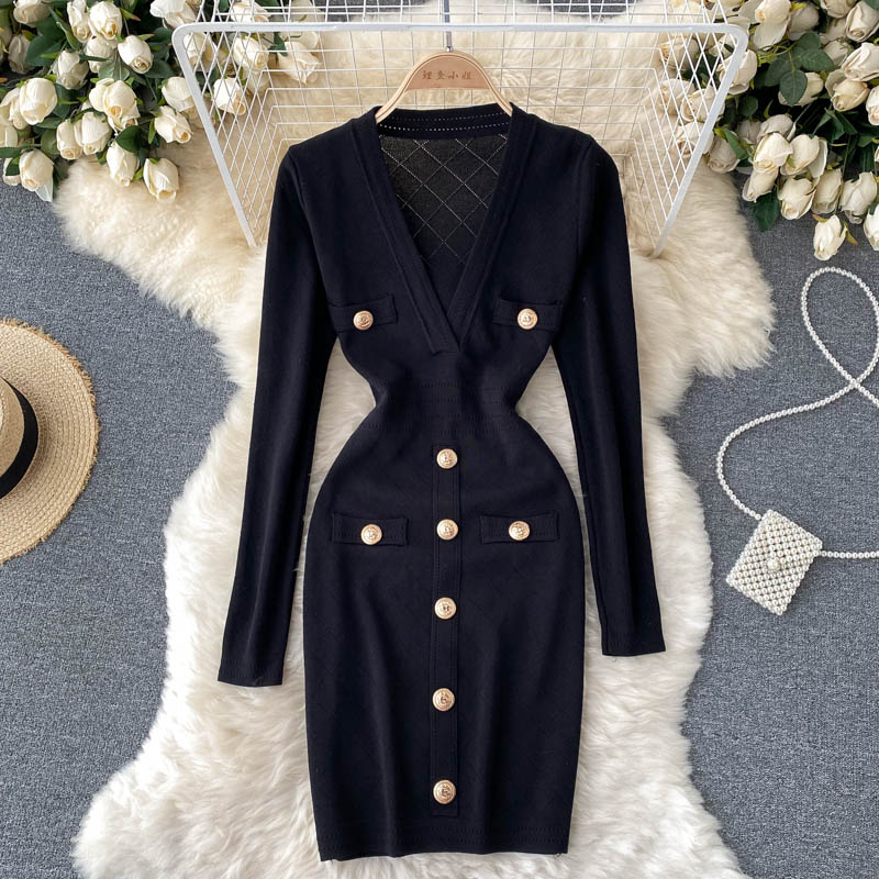 Women's Knitted Button-Front Midi Dress – V-Neck Long