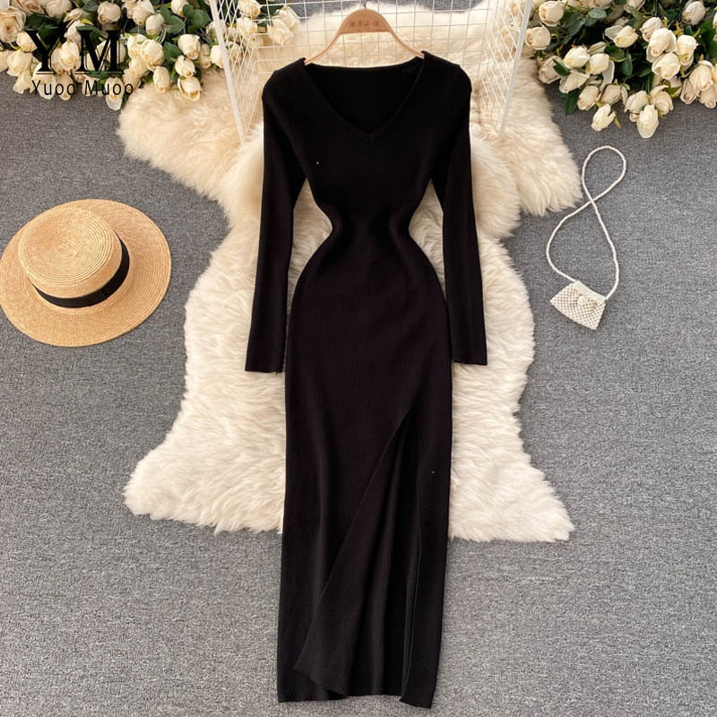 Women's Ribbed Knit Bodycon Maxi Dress – Long