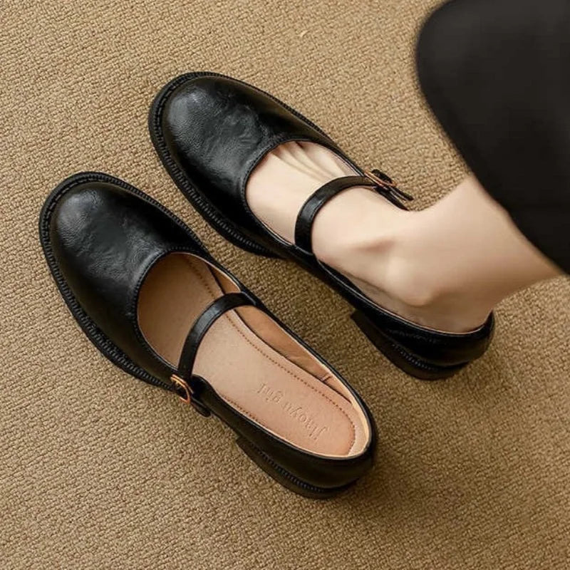 Women's Smooth Leather Ankle-Strap Mary Janes with Round Toe