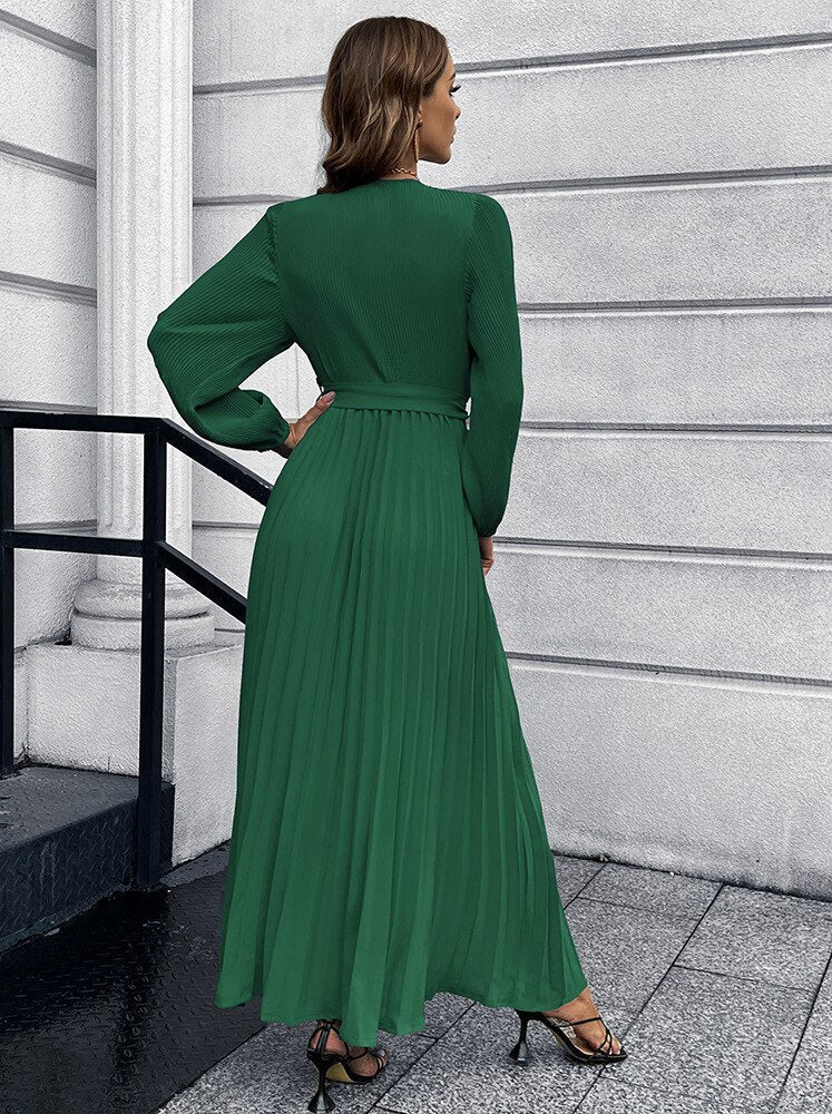 Women's Maxi Dress Pleated Wrap Waist Tie Long