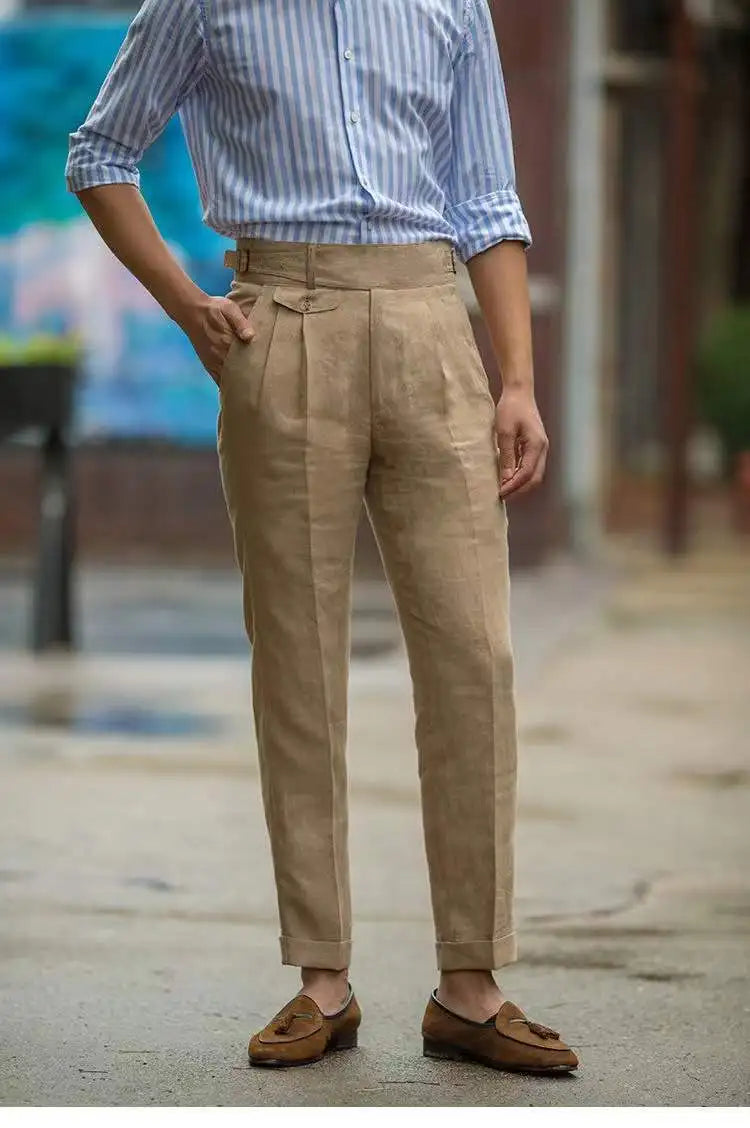 Men's High Waist Tailored Linen Trousers Elegant Casual Pants