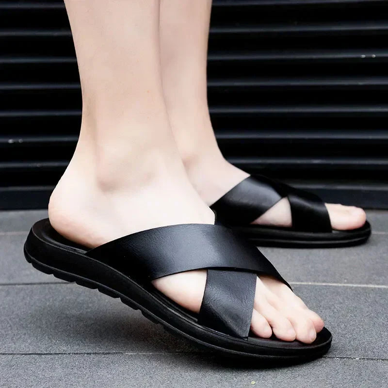 Men's Leather Slip On Sandals Italian Style Premium Comfortable