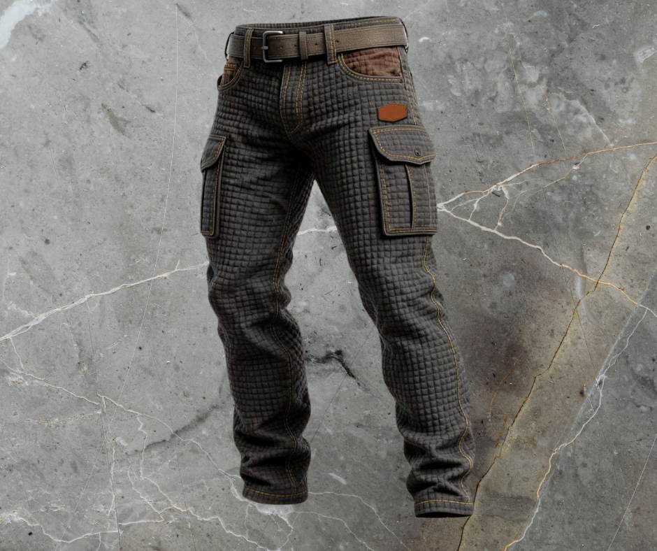 Men's Quilted Cargo Trousers Textured Utility Pocket Slim Fit
