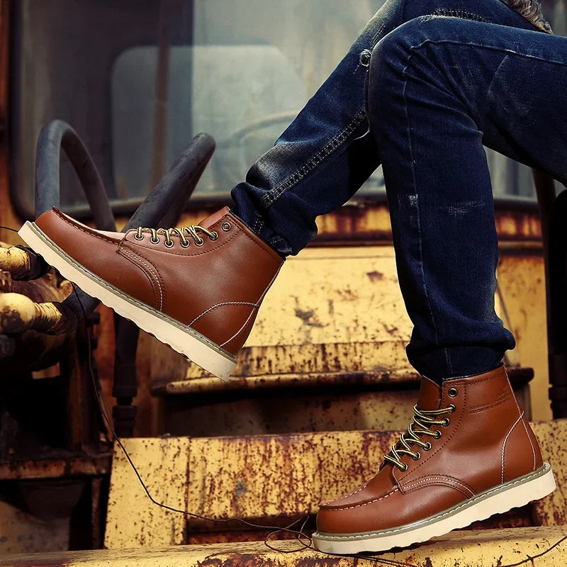 Men's Leather Lace Up Work Boots Chunky Grip Sole