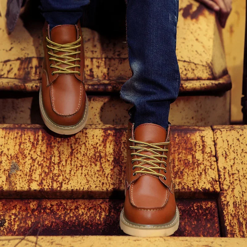 Men's Leather Lace Up Work Boots Chunky Grip Sole