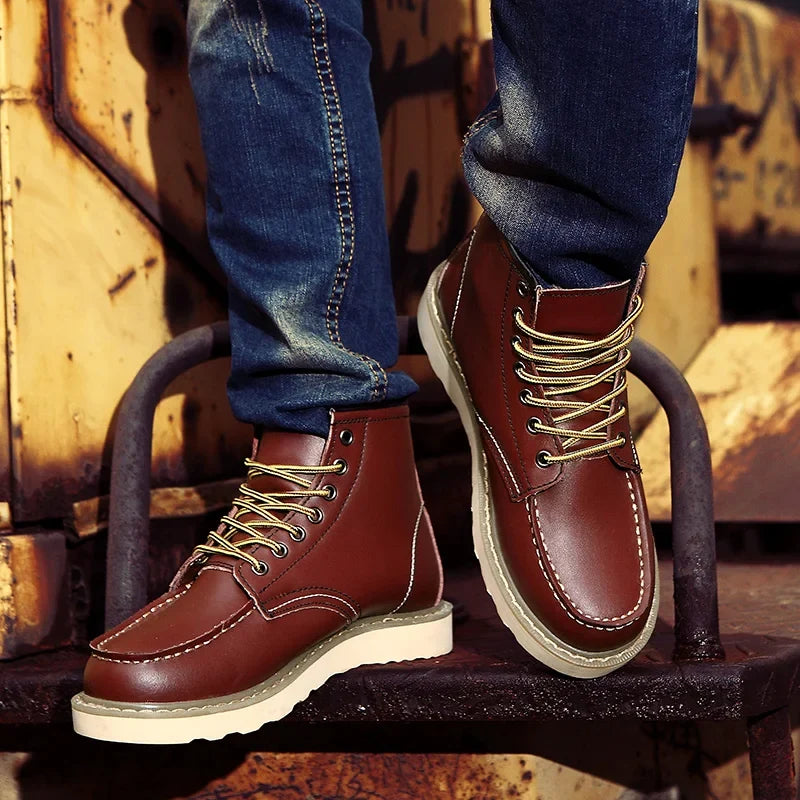 Men's Leather Lace Up Work Boots Chunky Grip Sole