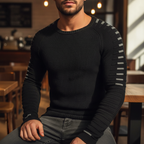 Men's Ribbed Crew Neck Sweater with Printed Sleeves