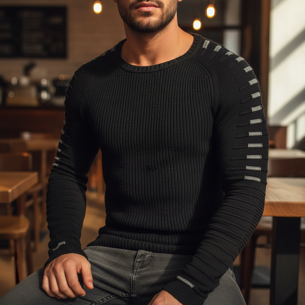 Men's Ribbed Crew Neck Sweater with Printed Sleeves
