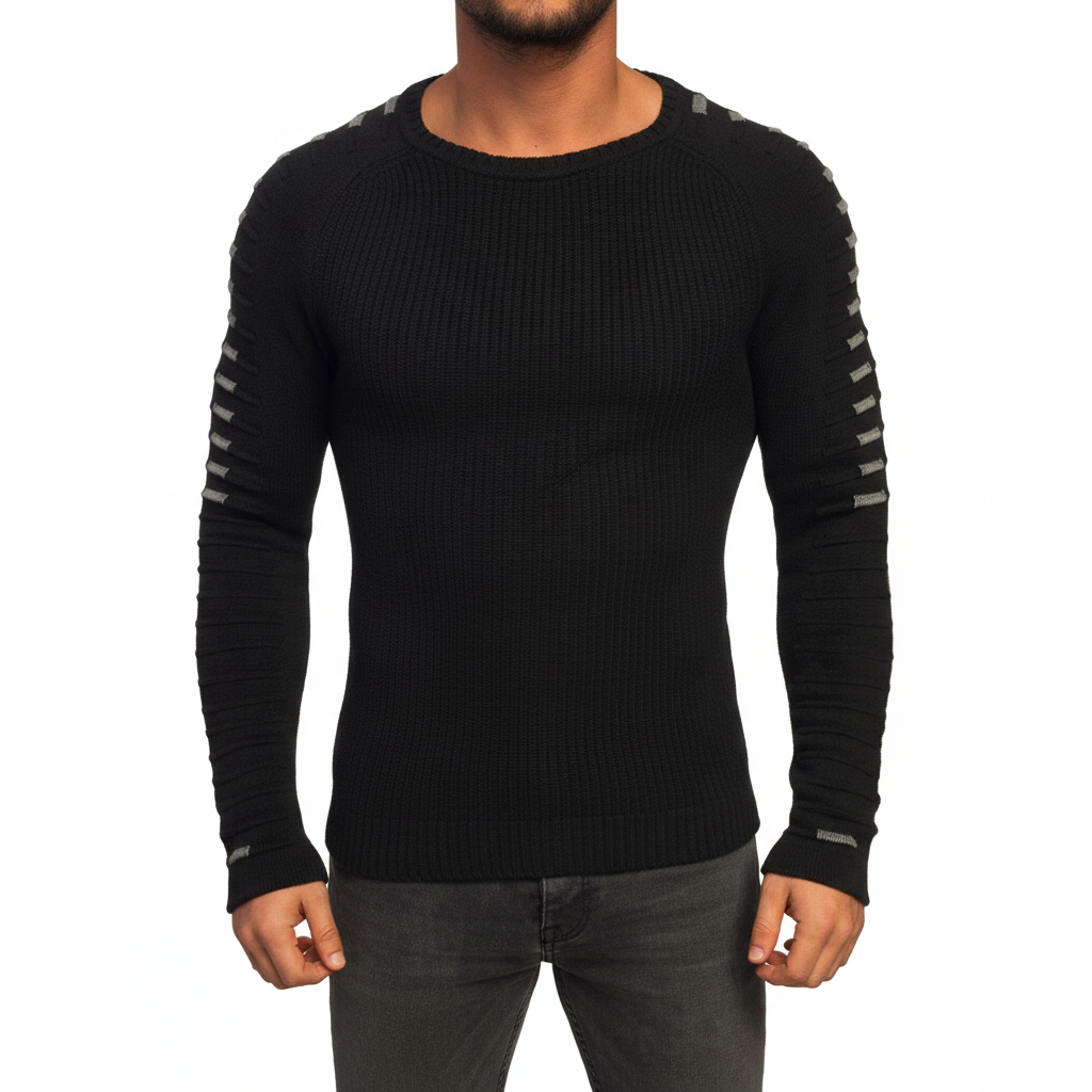 Men's Ribbed Crew Neck Sweater with Printed Sleeves
