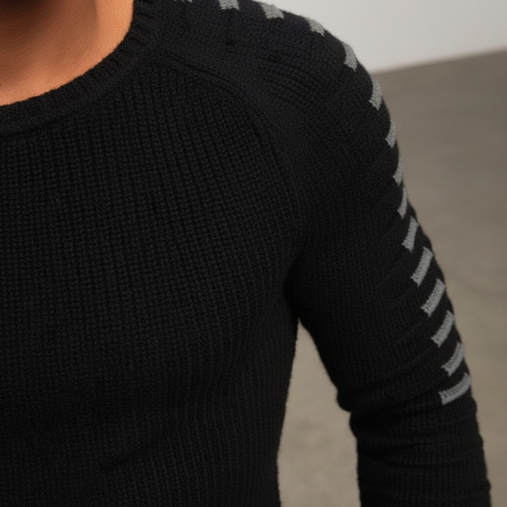 Men's Ribbed Crew Neck Sweater with Printed Sleeves