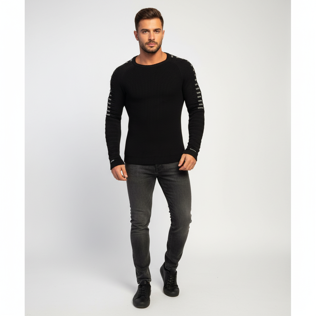 Men's Ribbed Crew Neck Sweater with Printed Sleeves