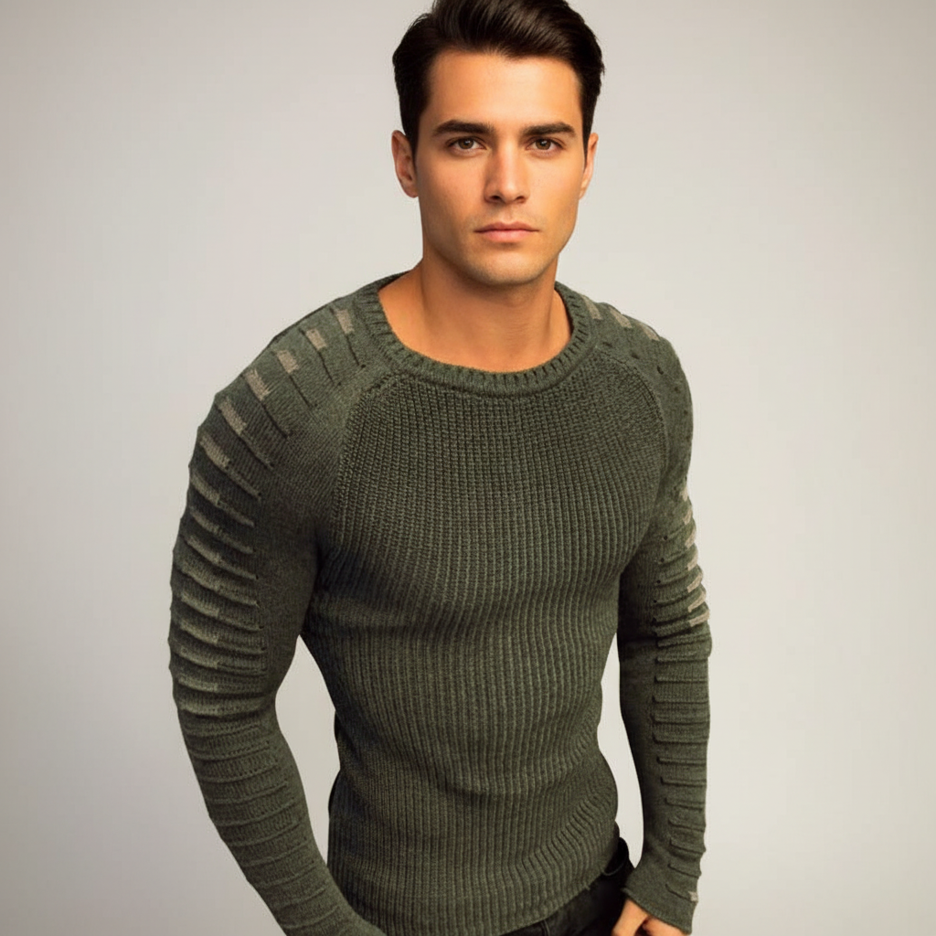 Men's Ribbed Crew Neck Sweater with Printed Sleeves
