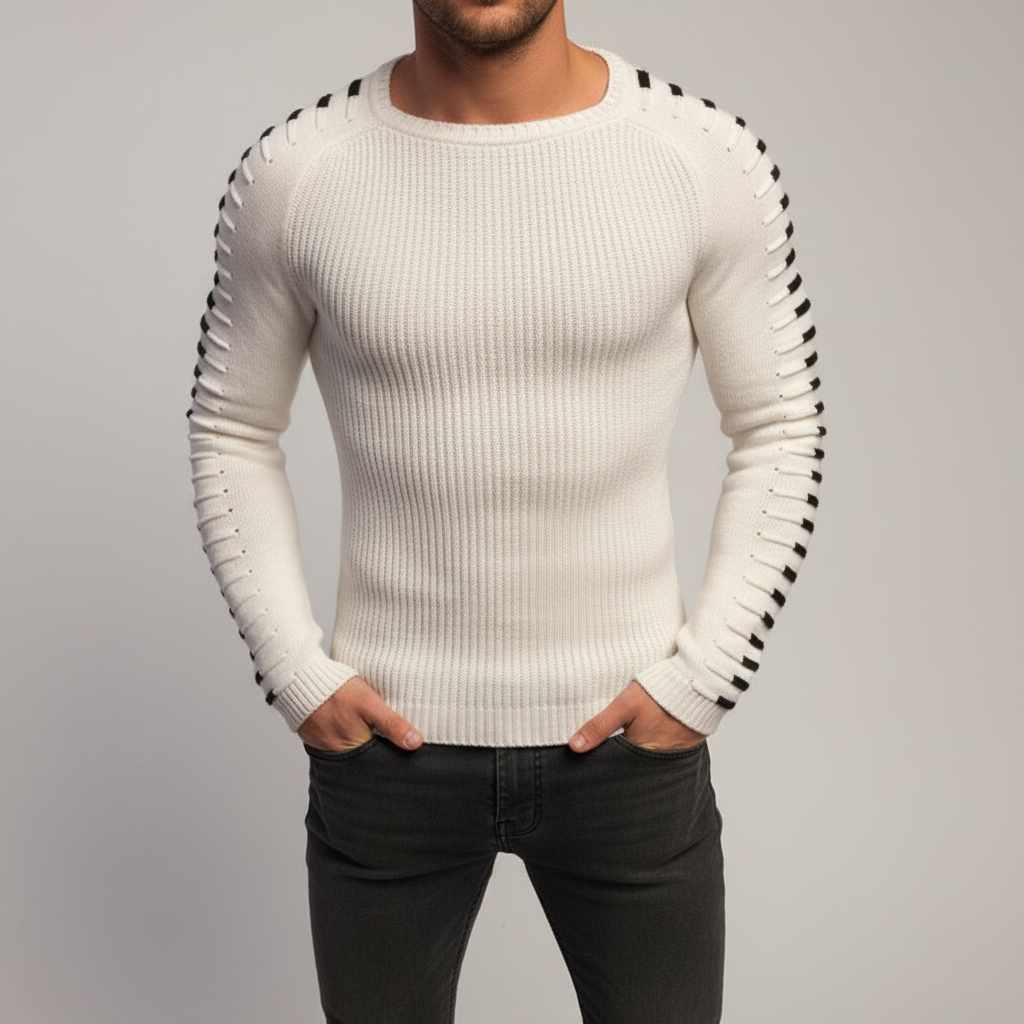 Men's Ribbed Crew Neck Sweater with Printed Sleeves