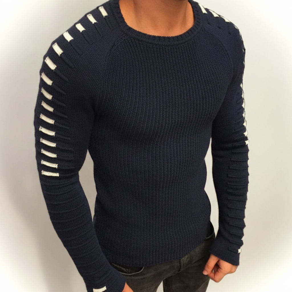 Men's Ribbed Crew Neck Sweater with Printed Sleeves