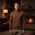 Men's Ribbed Quarter Zip Sweater with Stand Collar