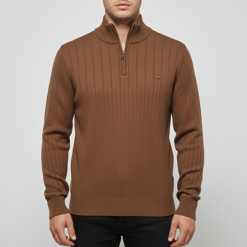 Men's Ribbed Quarter Zip Sweater with Stand Collar