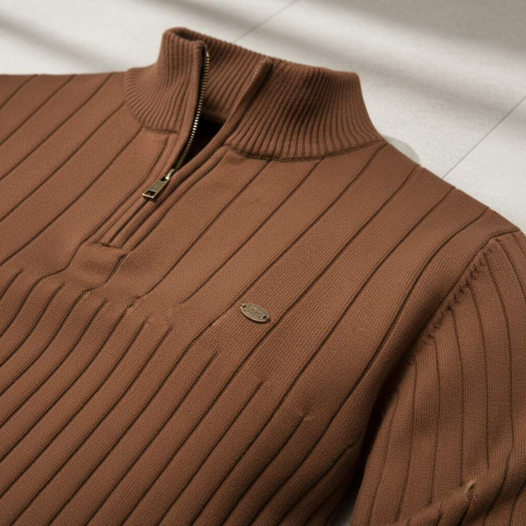 Men's Ribbed Quarter Zip Sweater with Stand Collar