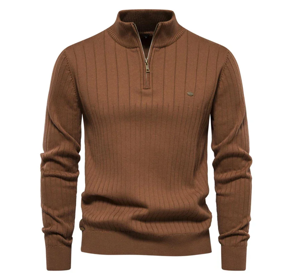 Men's Ribbed Quarter Zip Sweater with Stand Collar