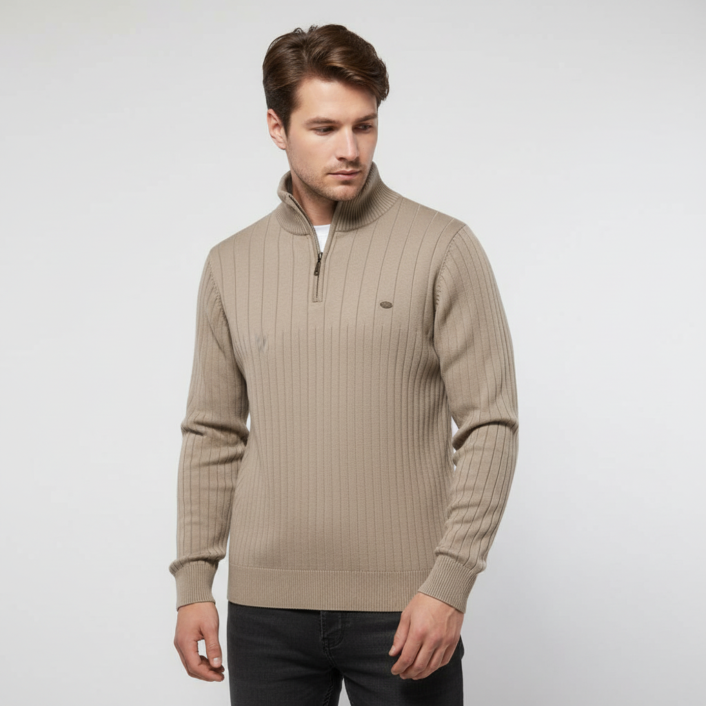 Men's Ribbed Quarter Zip Sweater with Stand Collar
