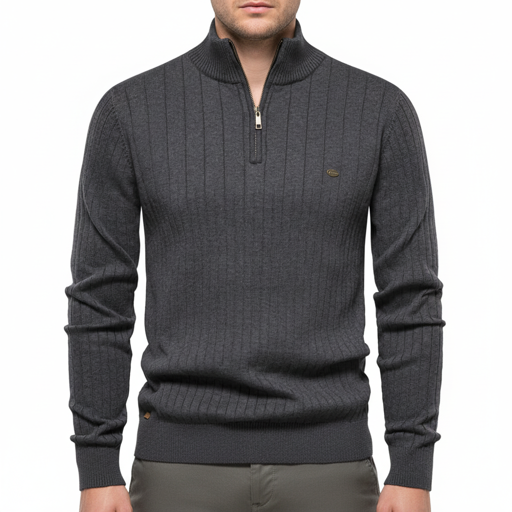 Men's Ribbed Quarter Zip Sweater with Stand Collar