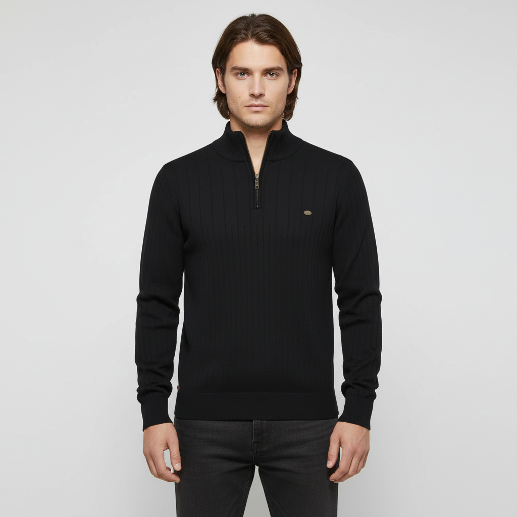 Men's Ribbed Quarter Zip Sweater with Stand Collar